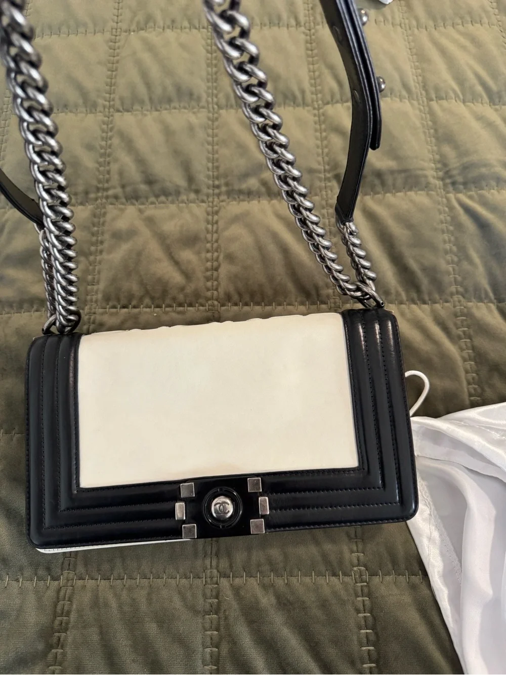 CHANEL Black and White Leather Chain Le Boy Bag